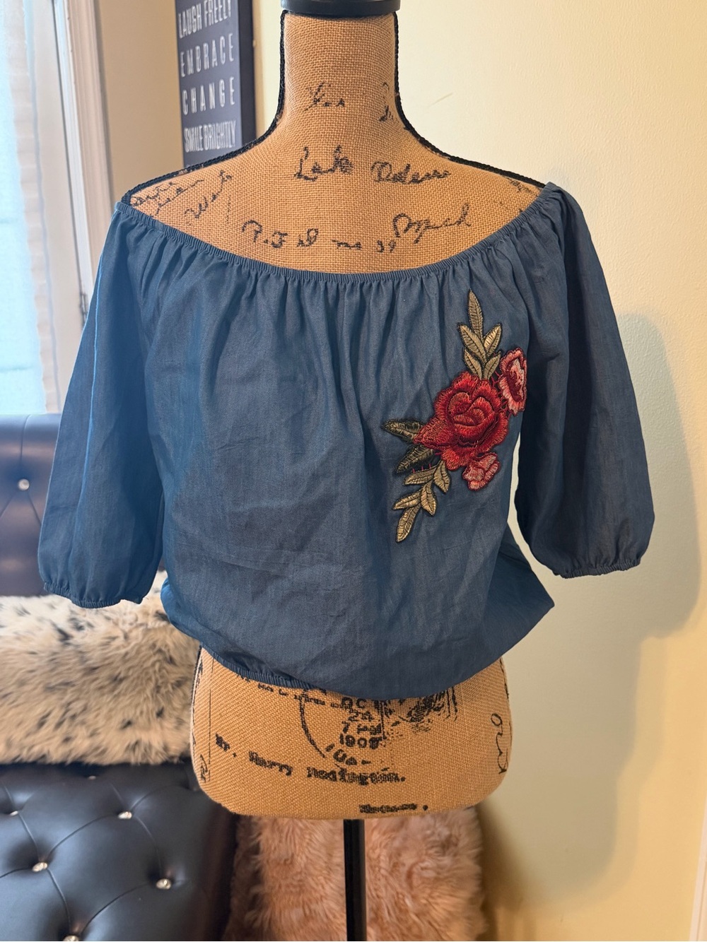 Ashley Blue Off-Shoulder Navy Top with Red Rose Embroidery